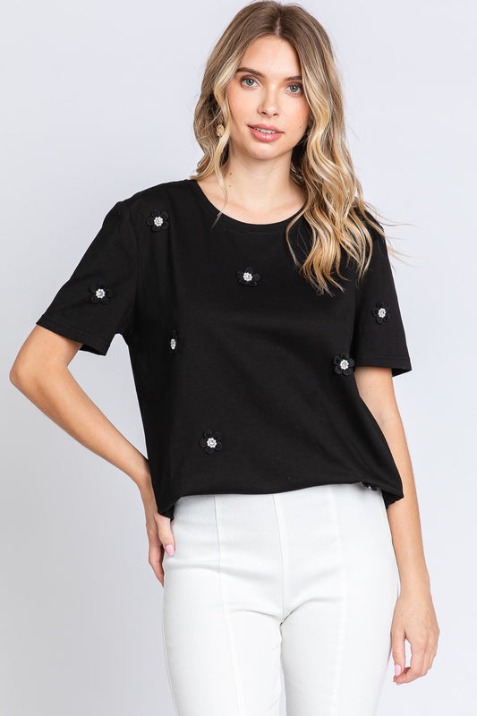 Flower Rhinestone T-Shirt Black