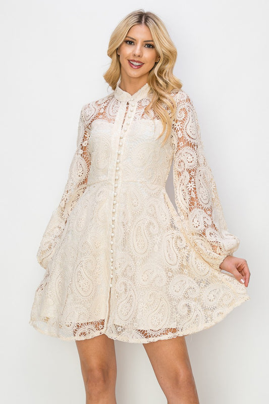 The Eleanor Paisley Laced Button Up Mini Dress-Vanilla Cream